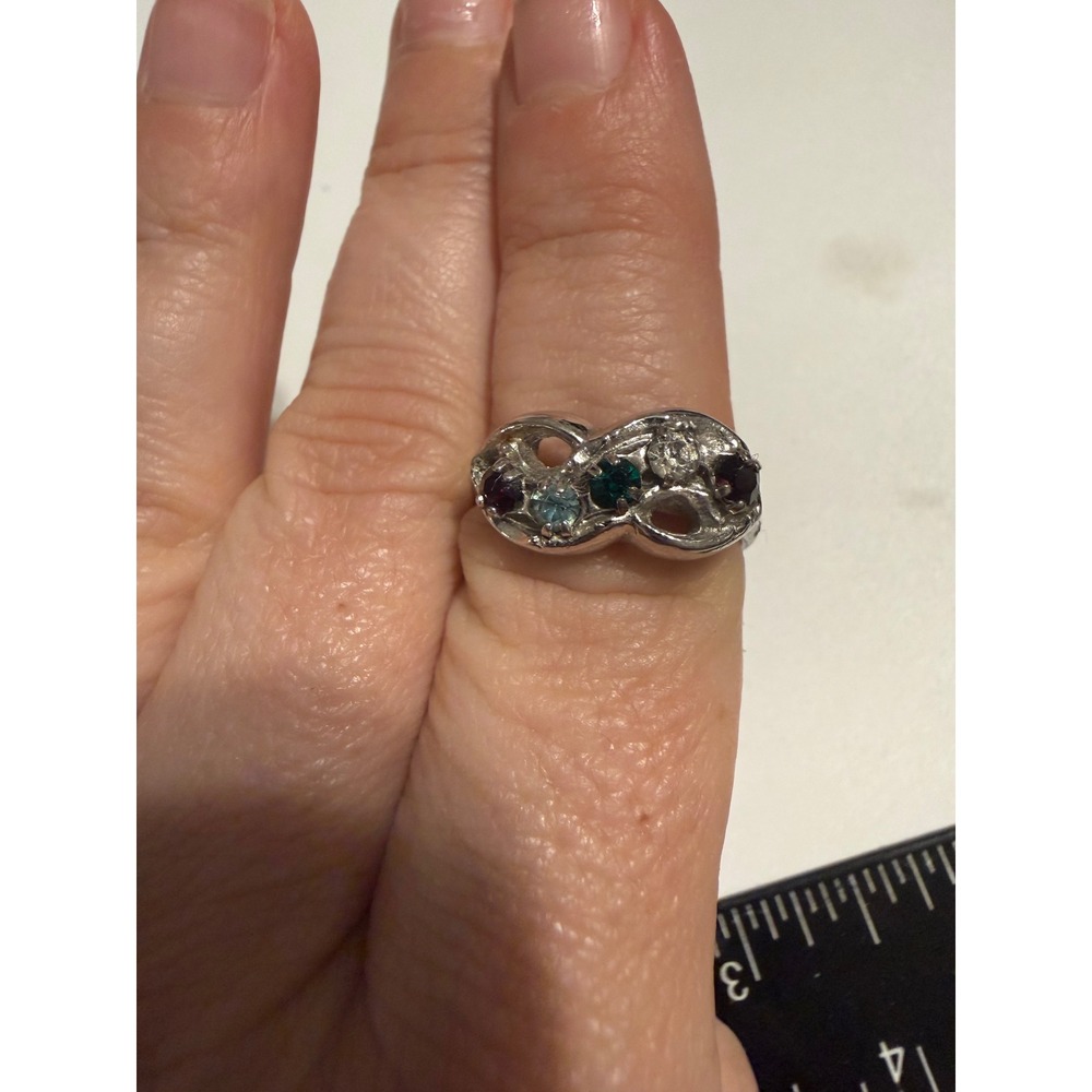 Vintage Emmons Silver Tone Multi Color Rhinestone Infinity Statement Ring 7.5